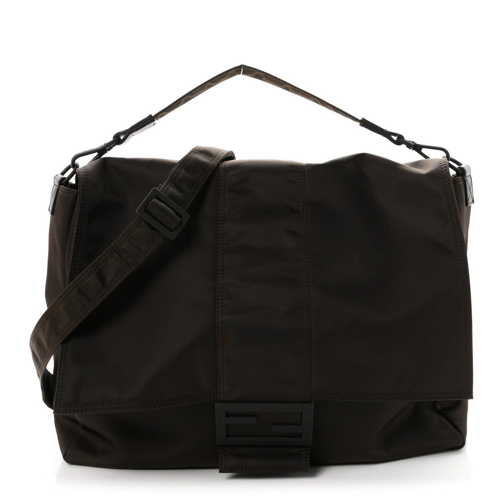 Econyl Nylon Cuoio Romano Monochrome Large Baguette Messenger Bag Ebano