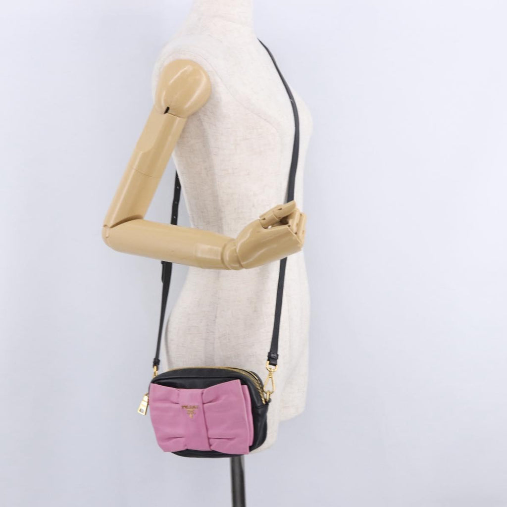 PRADA Ribbon Shoulder Bag Leather Black Pink Auth 199439V