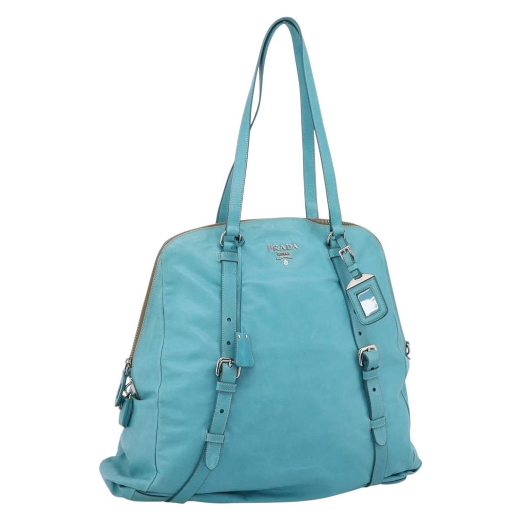 PRADA Tote Bag Leather Light Blue Silver Auth 199466V