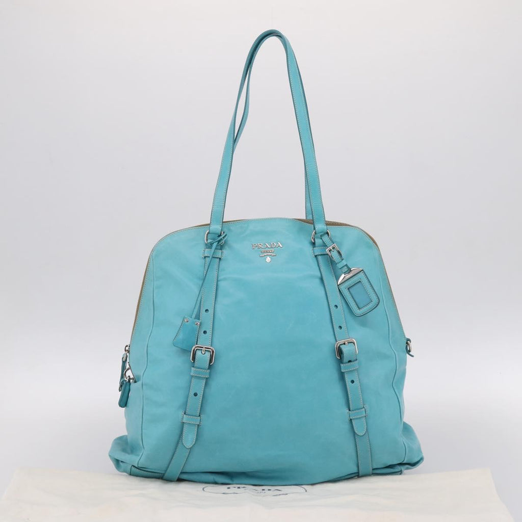 PRADA Tote Bag Leather Light Blue Silver Auth 199466V