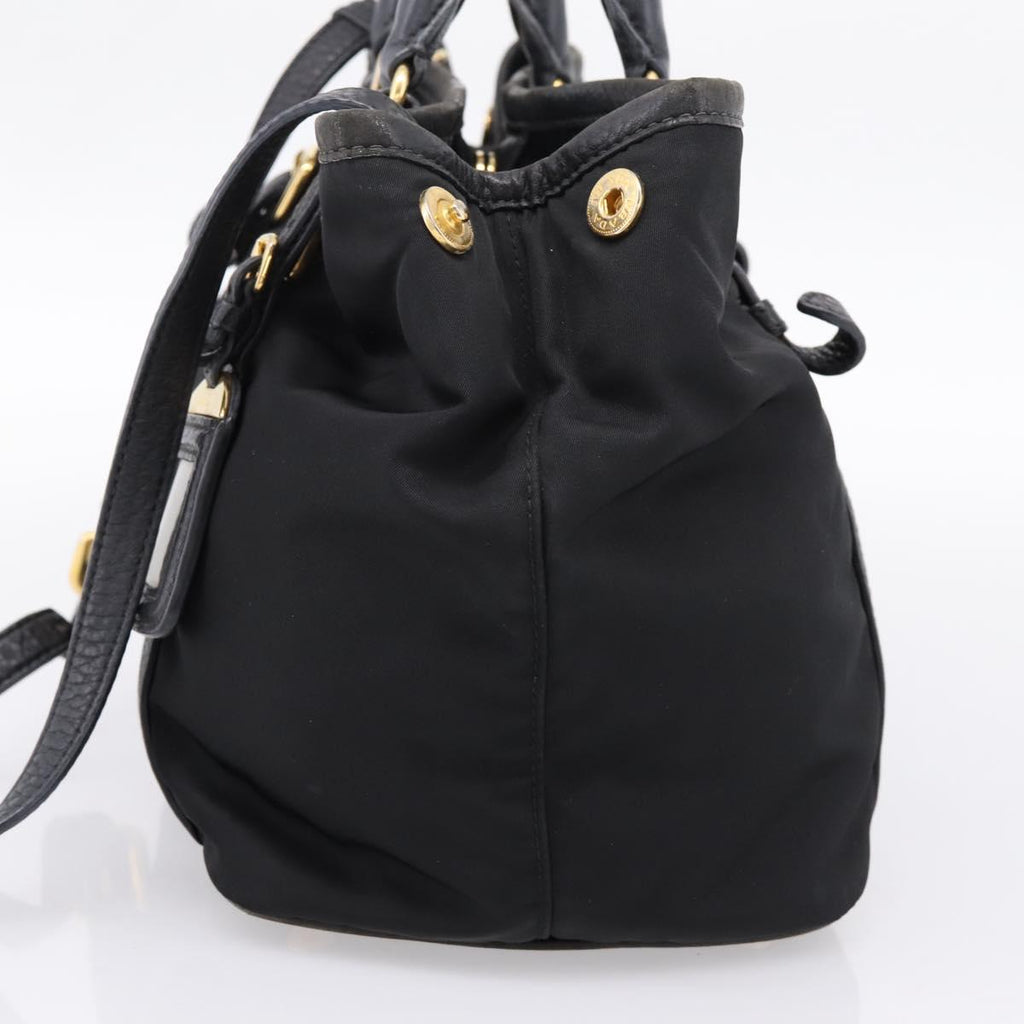 PRADA Hand Bag Nylon Leather 2way Black Gold Auth 199485A