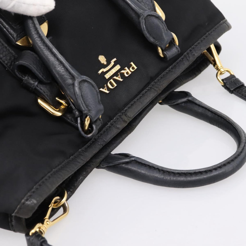 PRADA Hand Bag Nylon Leather 2way Black Gold Auth 199485A