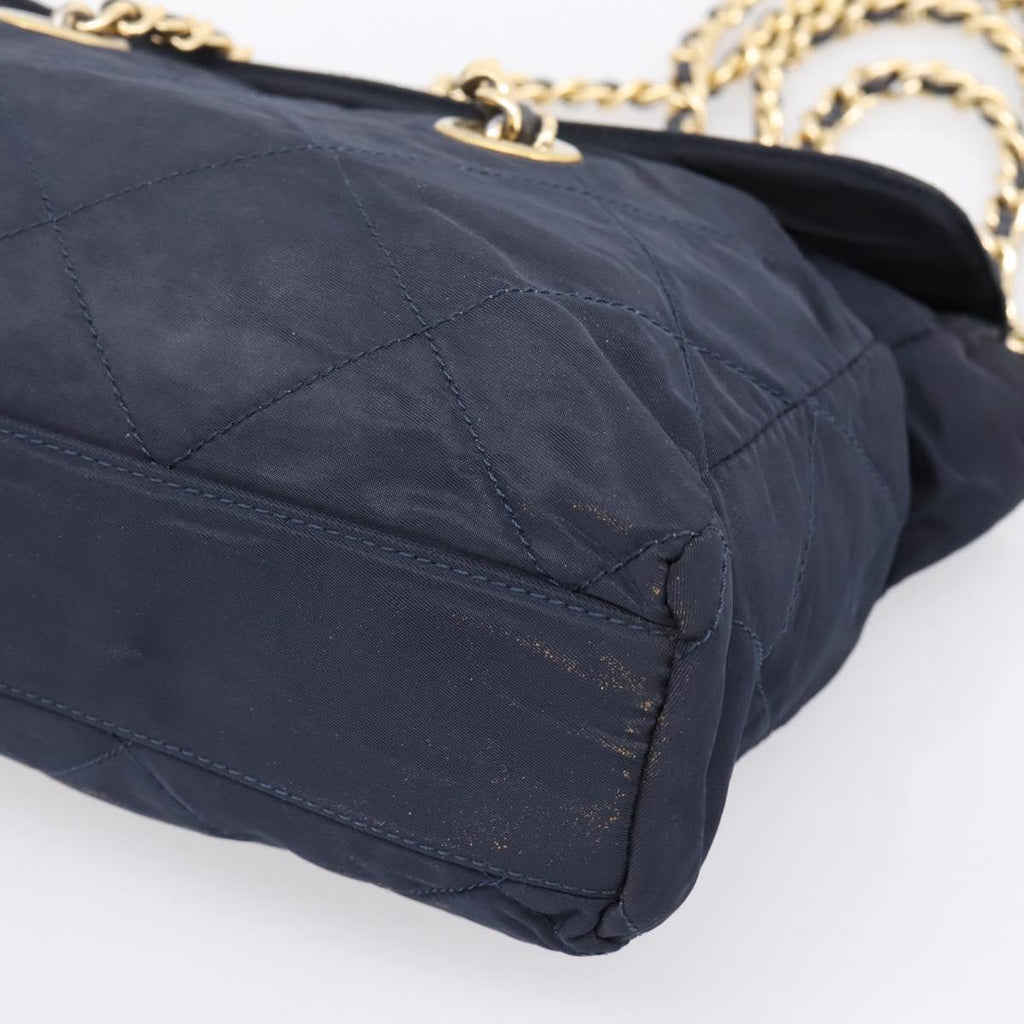 PRADA Chain Shoulder Bag Nylon Navy Gold Tone Auth 201216