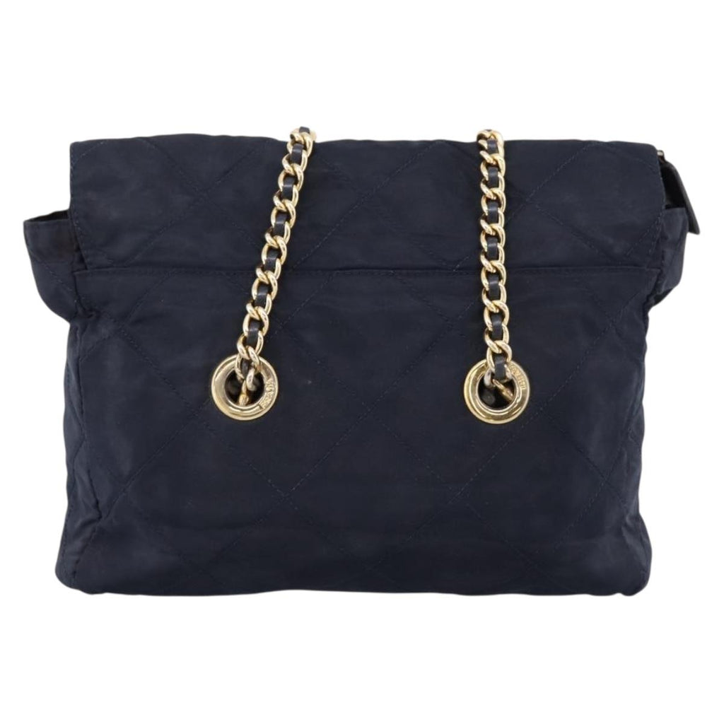 PRADA Chain Shoulder Bag Nylon Navy Gold Tone Auth 201216