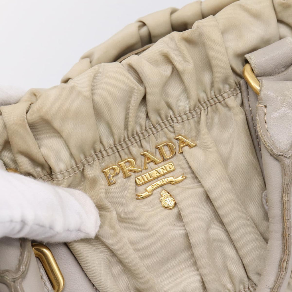PRADA Gathered Hand Bag Nylon 2way Beige Gold Auth 201930