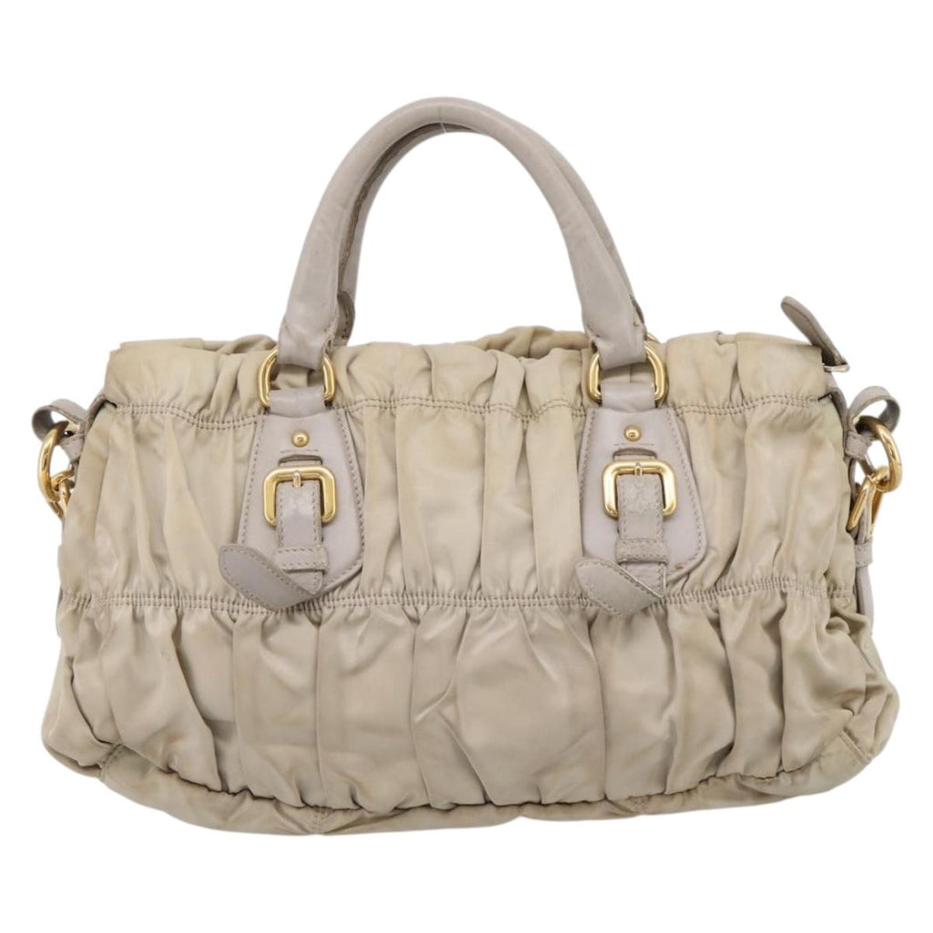 PRADA Gathered Hand Bag Nylon 2way Beige Gold Auth 201930
