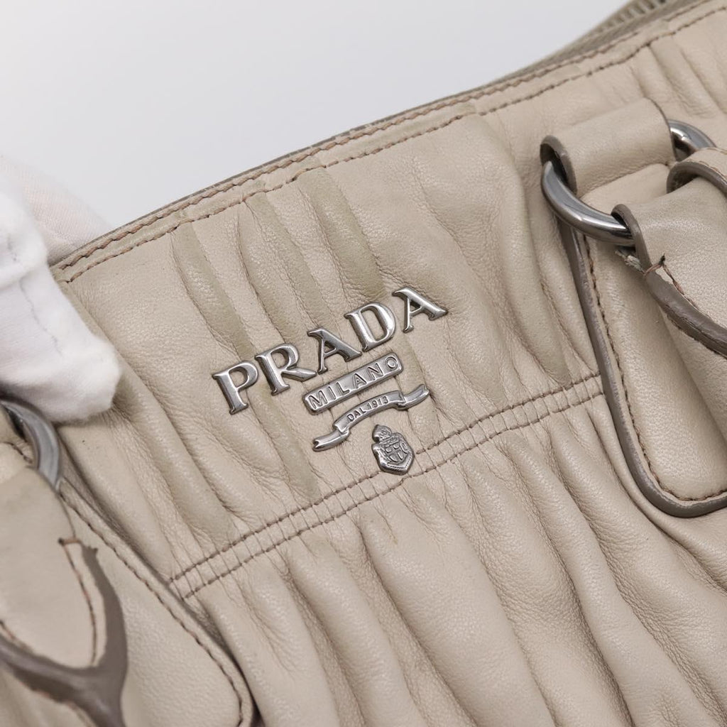 PRADA Gathered Hand Bag Leather 2way Ivory Silver Auth 202895A