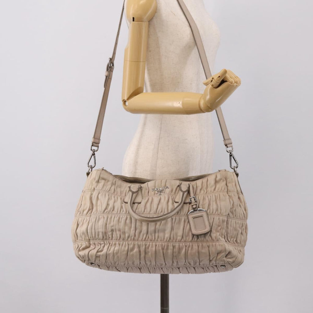 PRADA Gathered Hand Bag Leather 2way Ivory Silver Auth 202895A