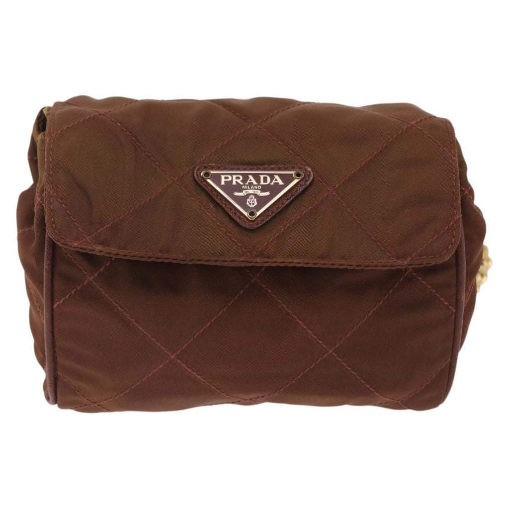 PRADA Chain Shoulder Bag Nylon Brown Gold Tone Auth 203074