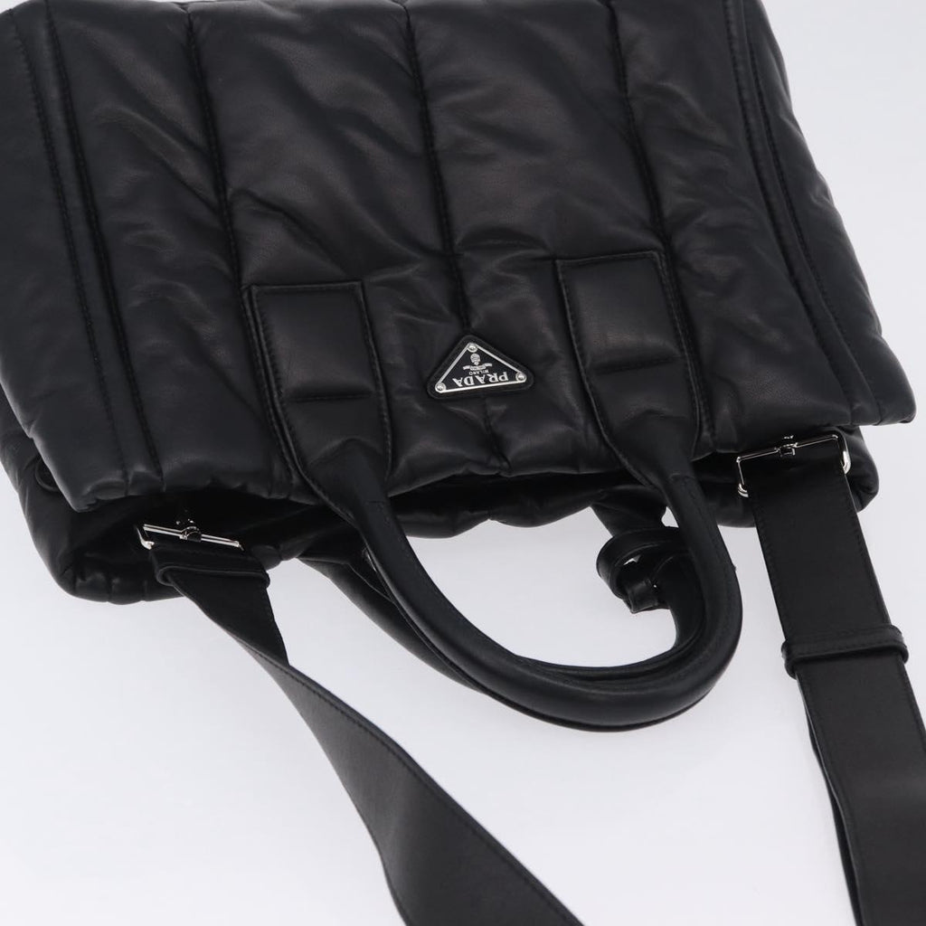 PRADA Nappa Bomber Tote Bag Leather 2way Black Silver Auth 204049M