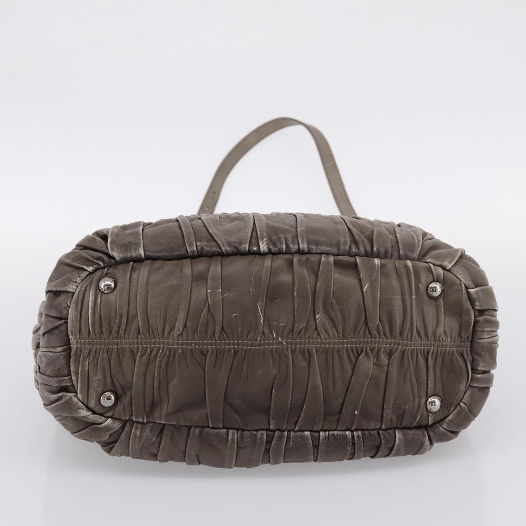 PRADA Gathered Hand Bag Leather 2way Gray Silver Auth 204095V