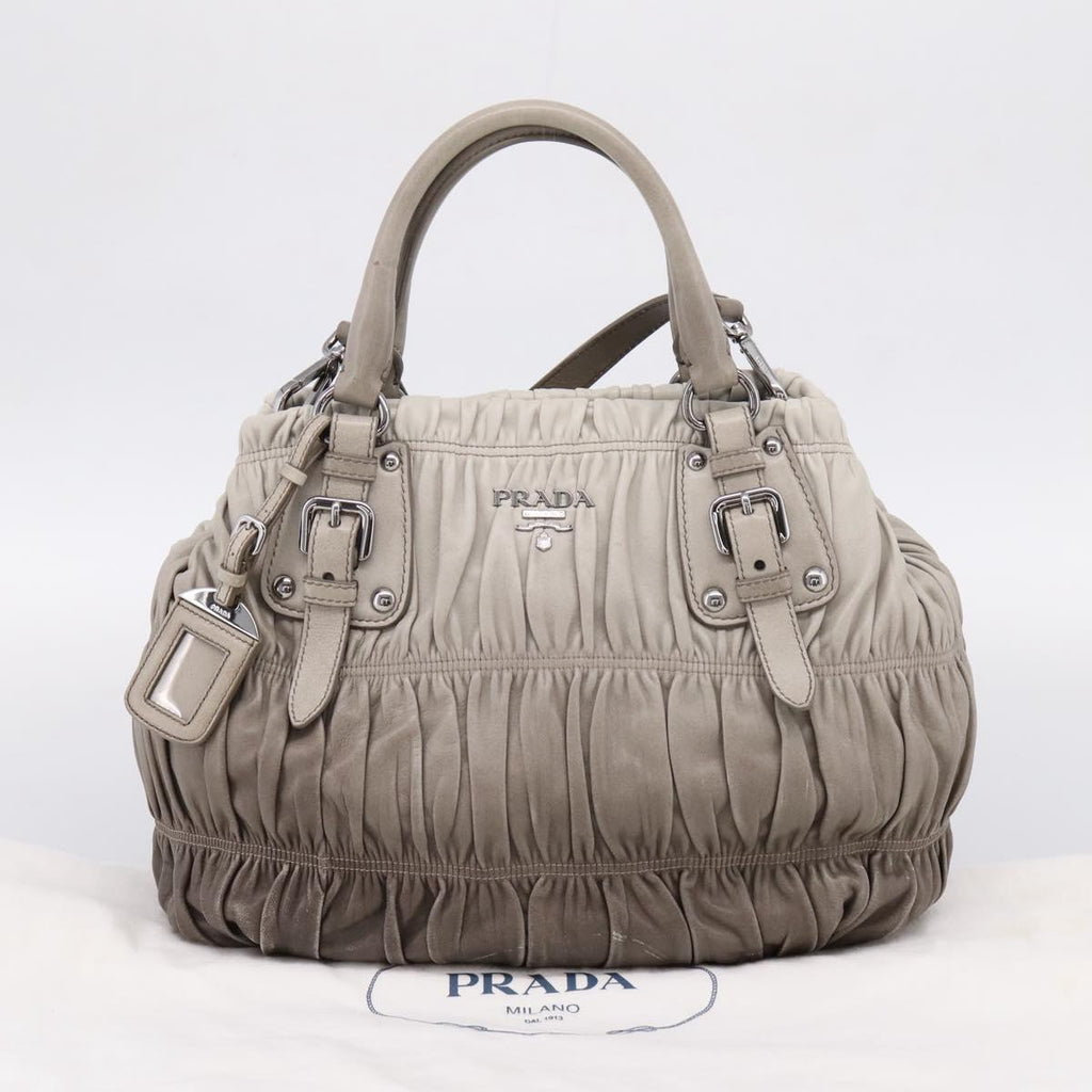 PRADA Gathered Hand Bag Leather 2way Gray Silver Auth 204095V