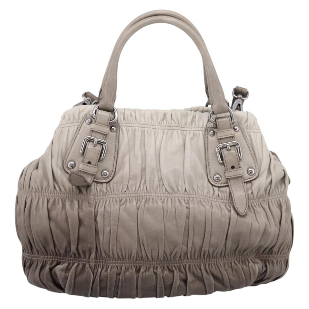 PRADA Gathered Hand Bag Leather 2way Gray Silver Auth 204095V