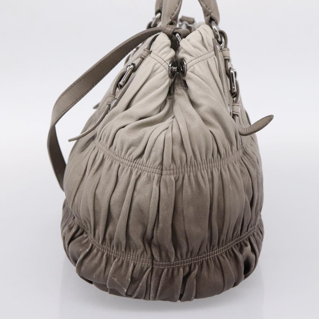 PRADA Gathered Hand Bag Leather 2way Gray Silver Auth 204095V