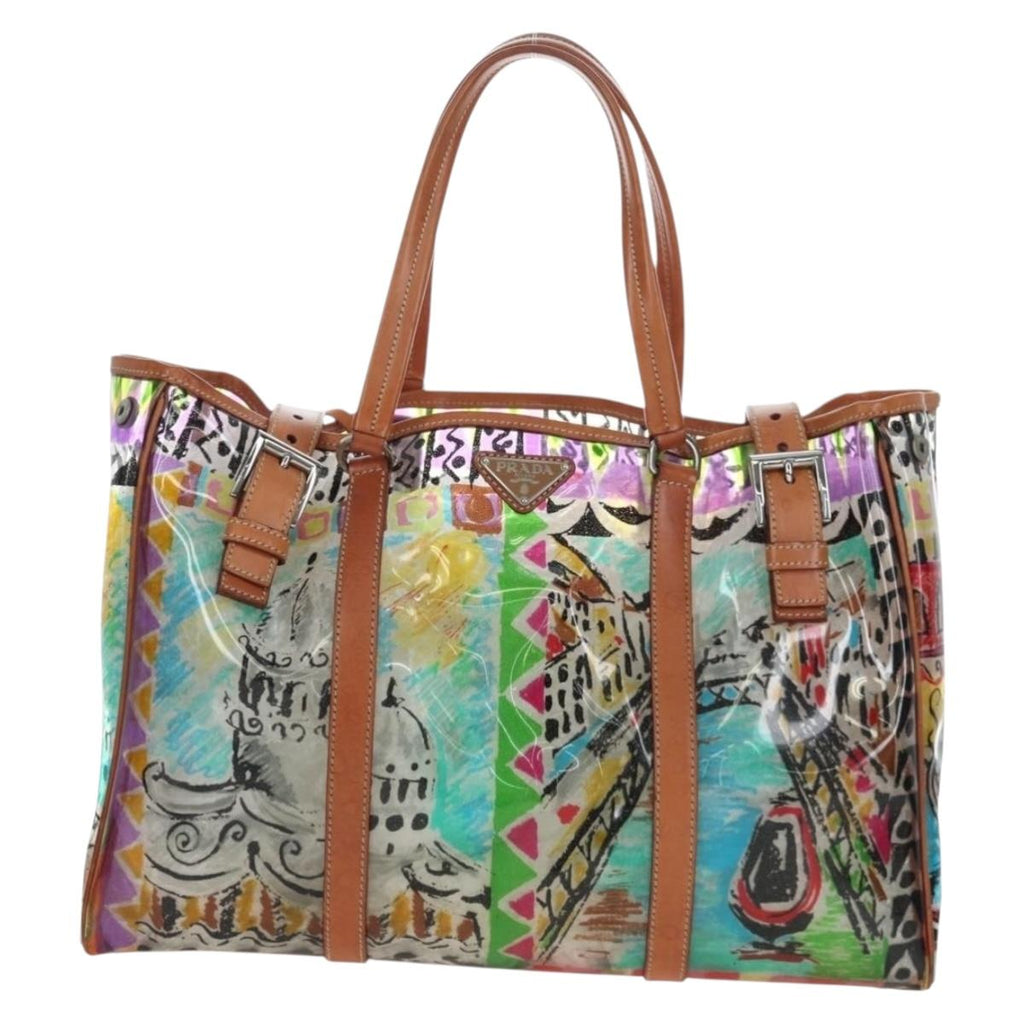 PRADA Tote Bag Vinyl Multicolor Silver Auth 204422A