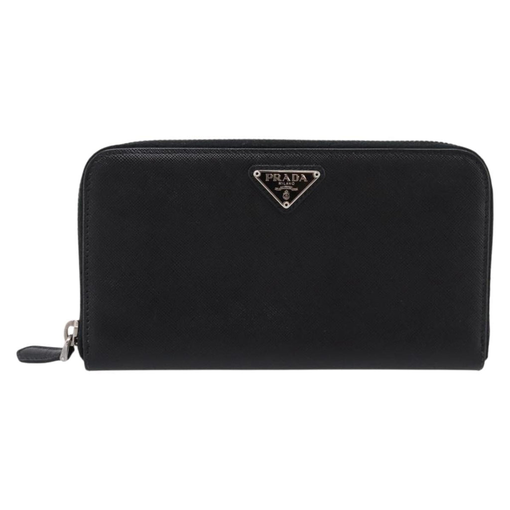 PRADA Long Wallet Saffiano leather Black Silver Auth 205215V