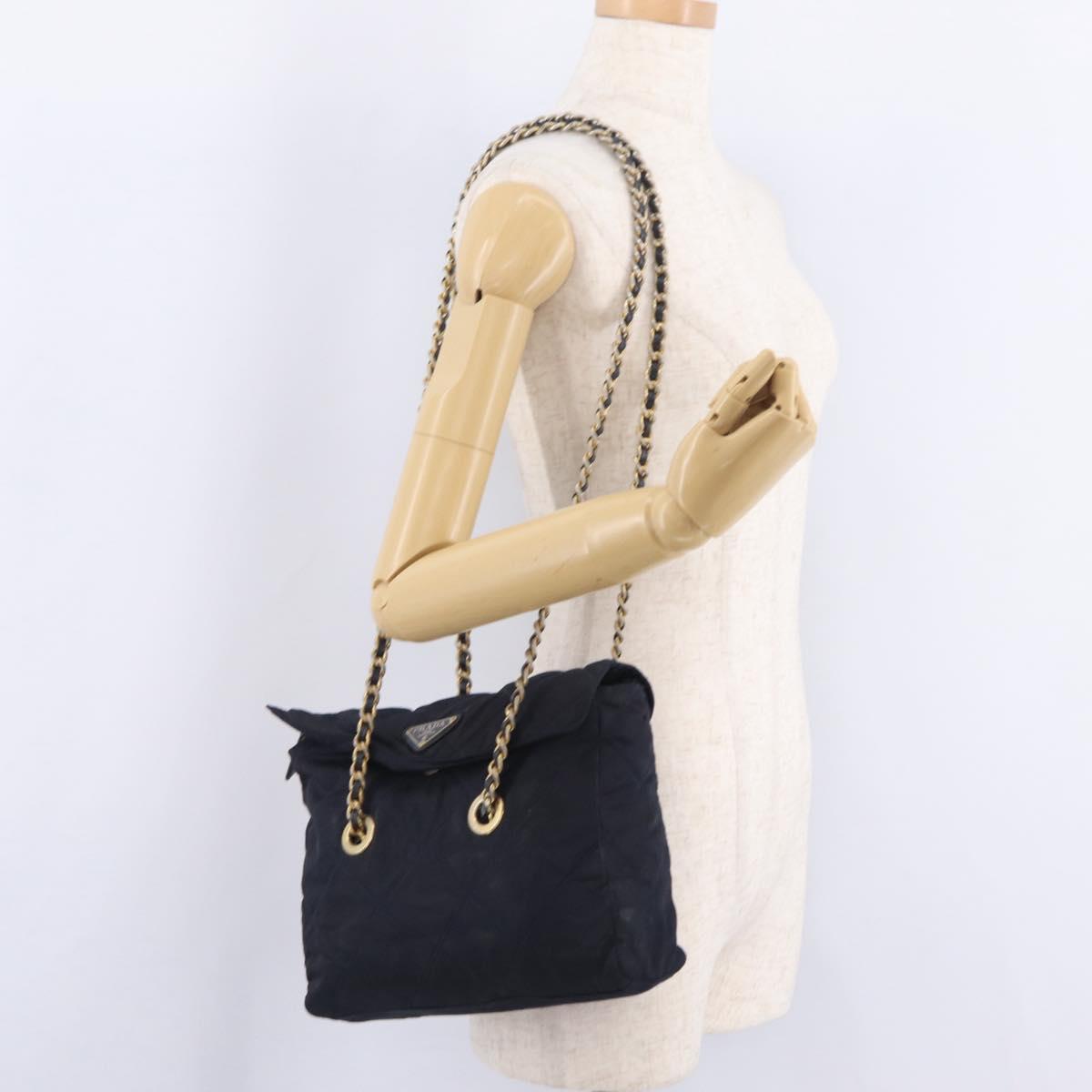 PRADA Chain Shoulder Bag Nylon Navy Gold Auth 206423