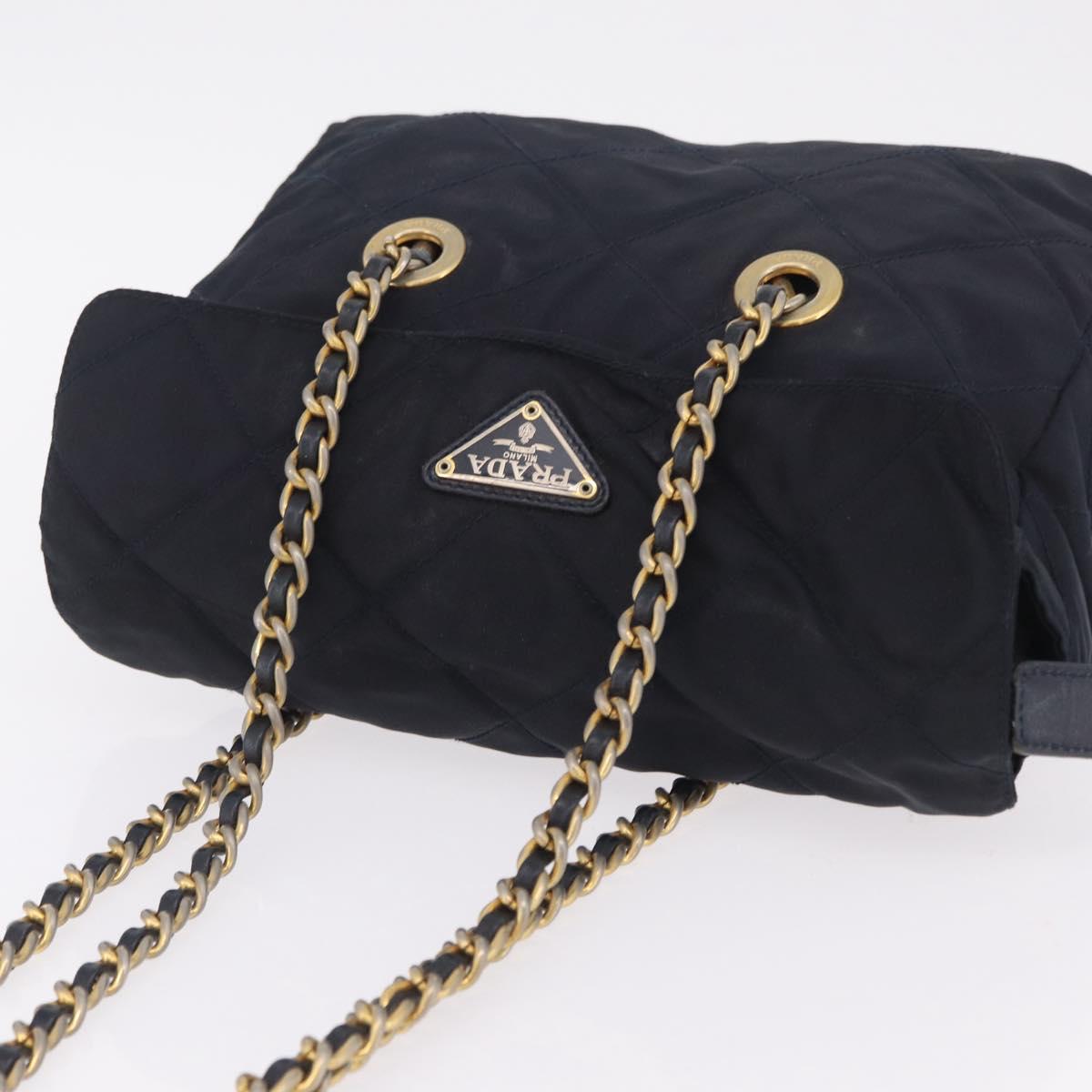 PRADA Chain Shoulder Bag Nylon Navy Gold Auth 206423