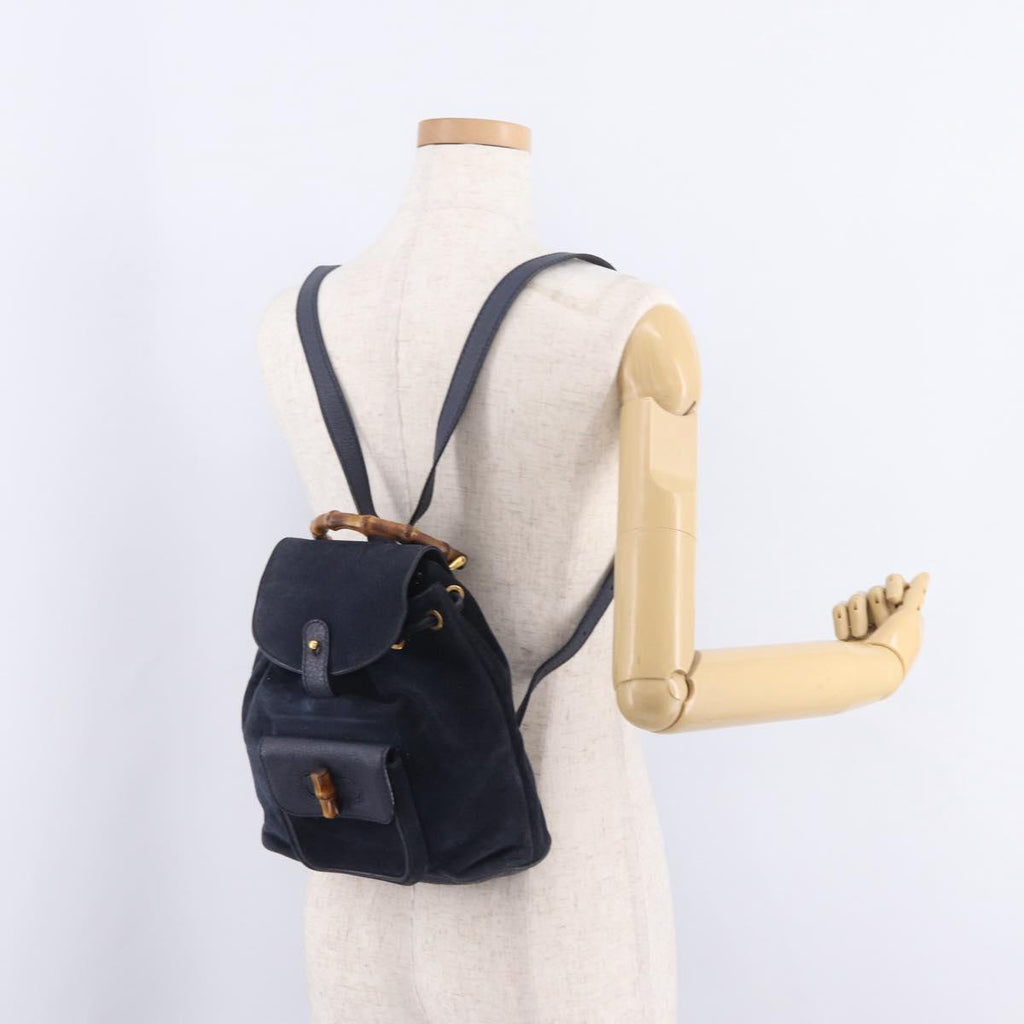 GUCCI Bamboo Backpack Suede Navy Gold 003 1998 0030 Auth 206490