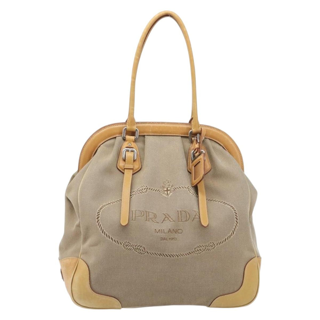 PRADA Hand Bag Canvas Beige Silver Auth 206536