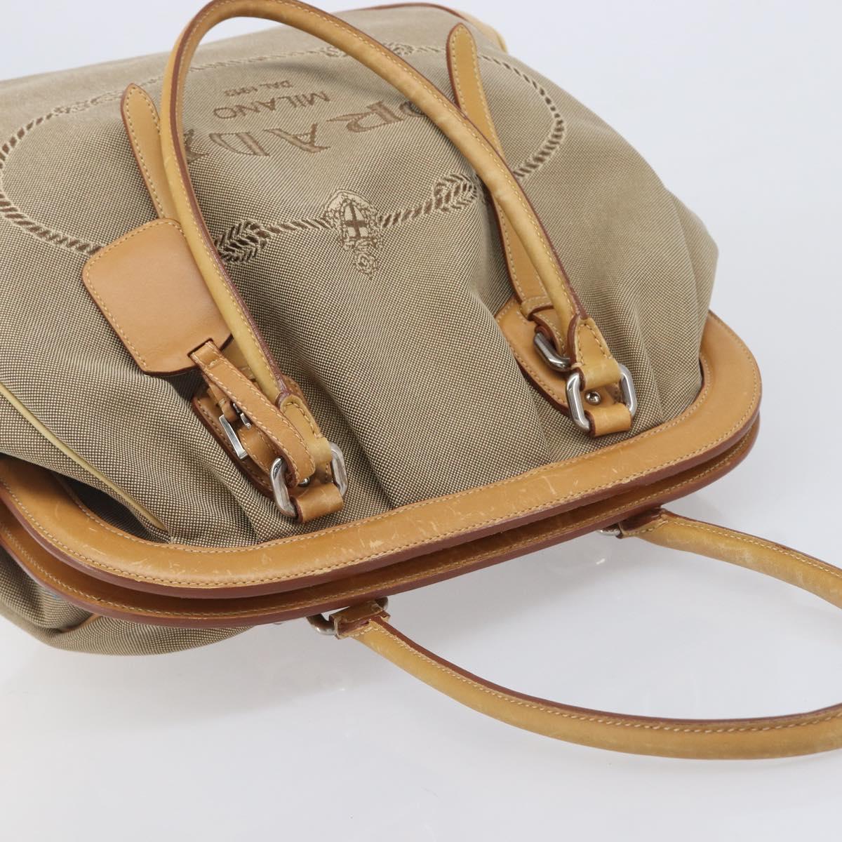 PRADA Hand Bag Canvas Beige Silver Auth 206536
