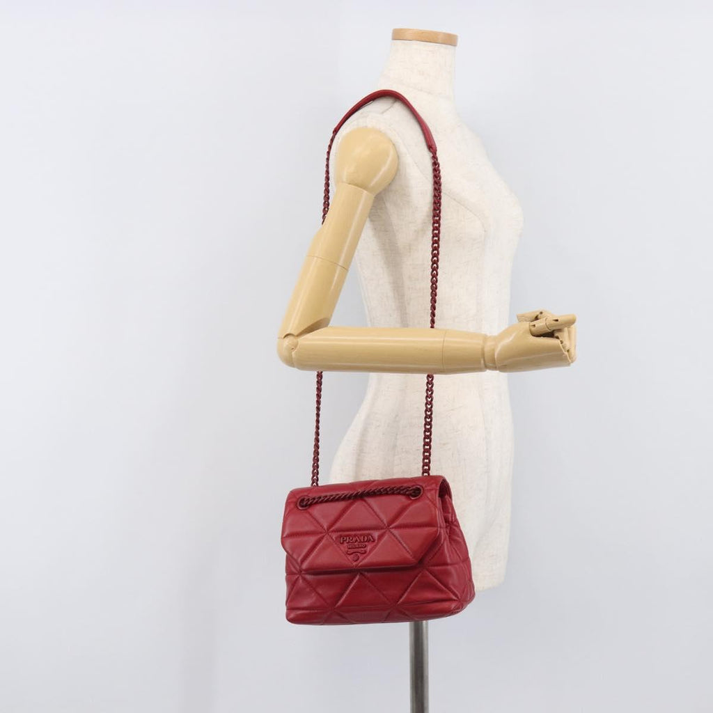 PRADA Chain Shoulder Bag Leather Red Silver Auth 206931V