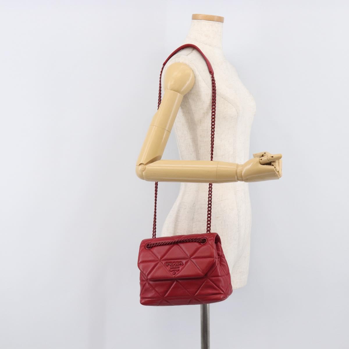 PRADA Chain Shoulder Bag Leather Red Silver Auth 206931V