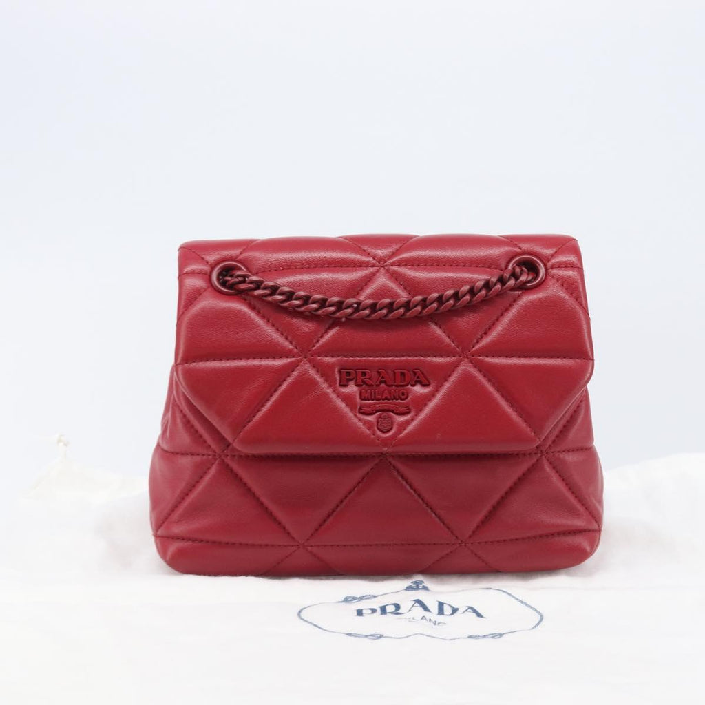 PRADA Chain Shoulder Bag Leather Red Silver Auth 206931V