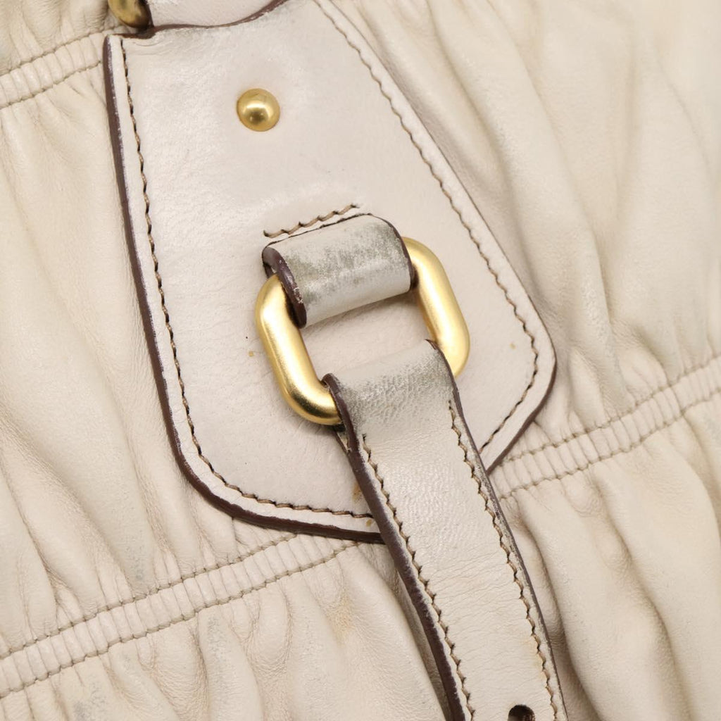 PRADA Gathered Hand Bag Leather 2way Beige Gold Auth 207092A