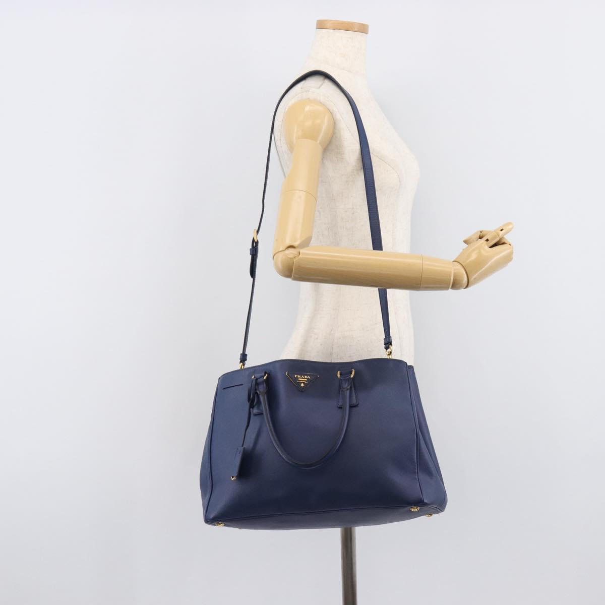 PRADA Galleria Hand Bag Saffiano 2way Blue Gold Auth 207119A