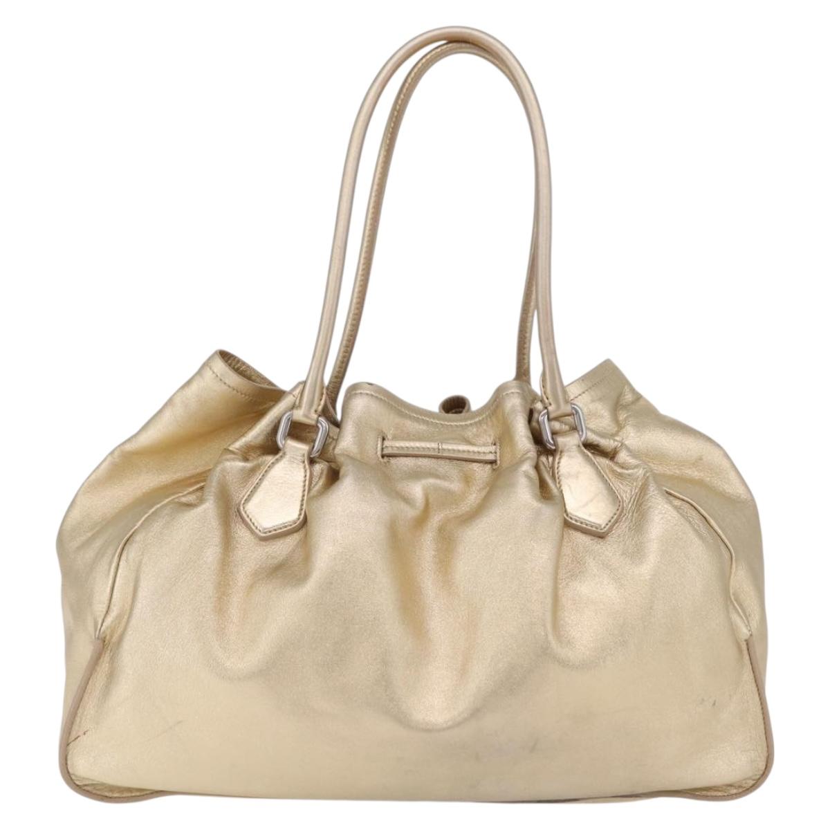 PRADA Tote Bag Leather Gold Silver Auth 207552A
