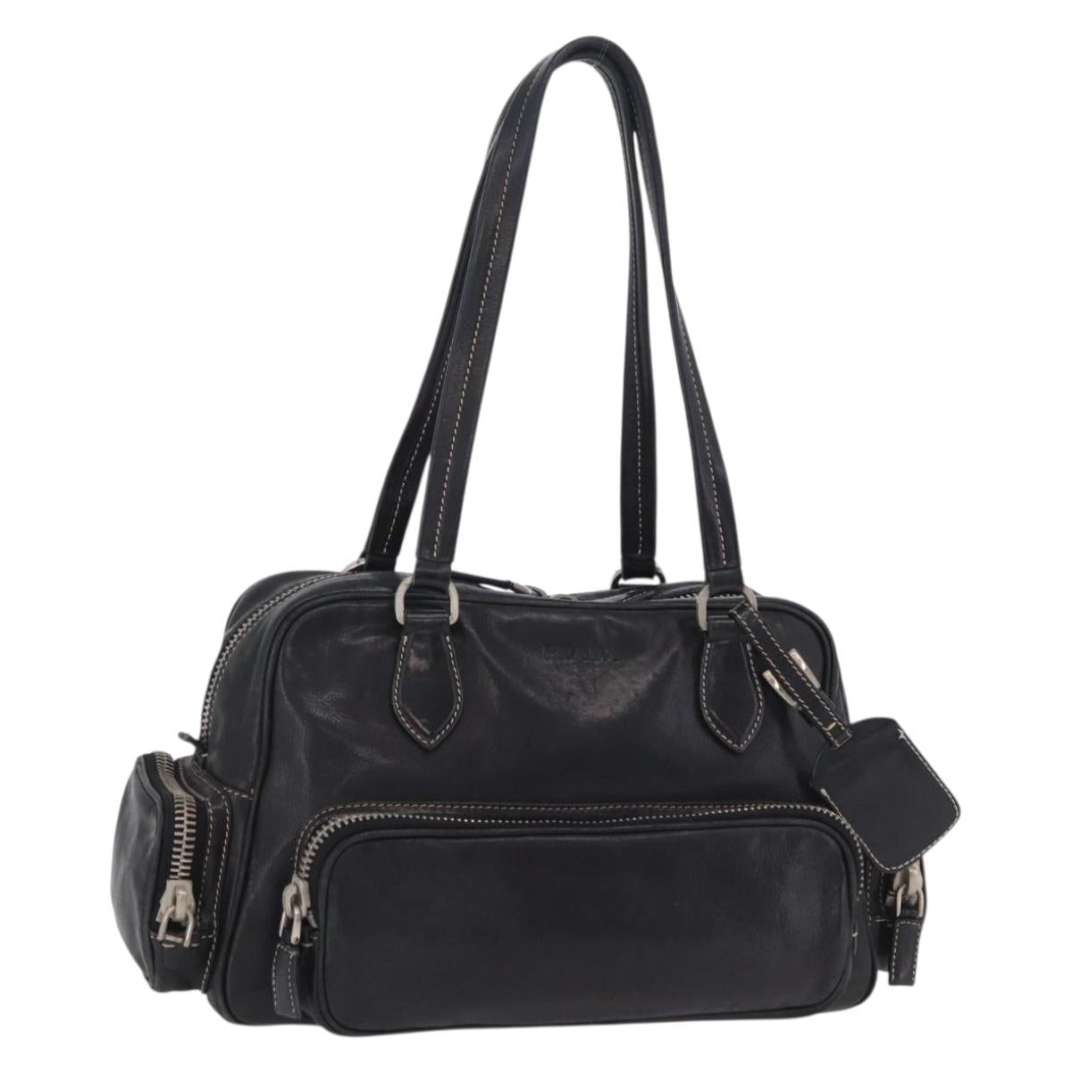 PRADA Hand Bag Leather Black Silver Auth 207680