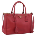 PRADA Galleria Hand Bag Saffiano 2way Red Gold Auth 208039