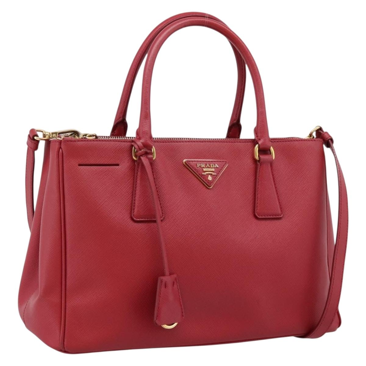 PRADA Galleria Hand Bag Saffiano 2way Red Gold Auth 208039