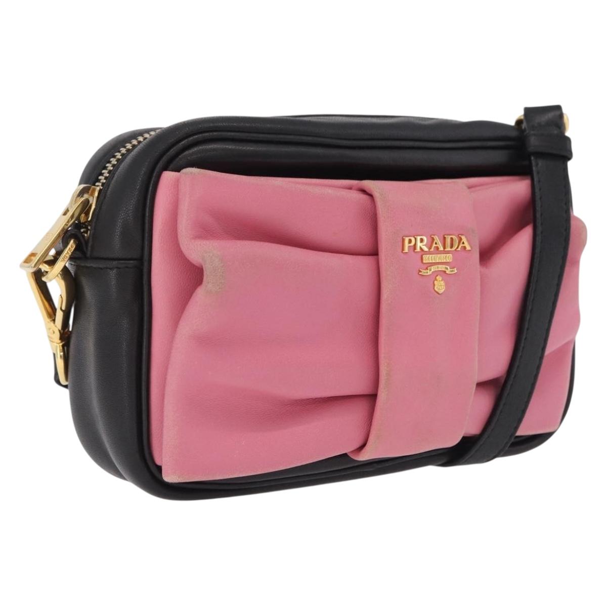 PRADA Ribbon Shoulder Bag Leather Black Pink Auth 208264A