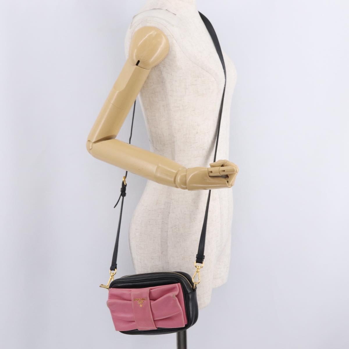 PRADA Ribbon Shoulder Bag Leather Black Pink Auth 208264A