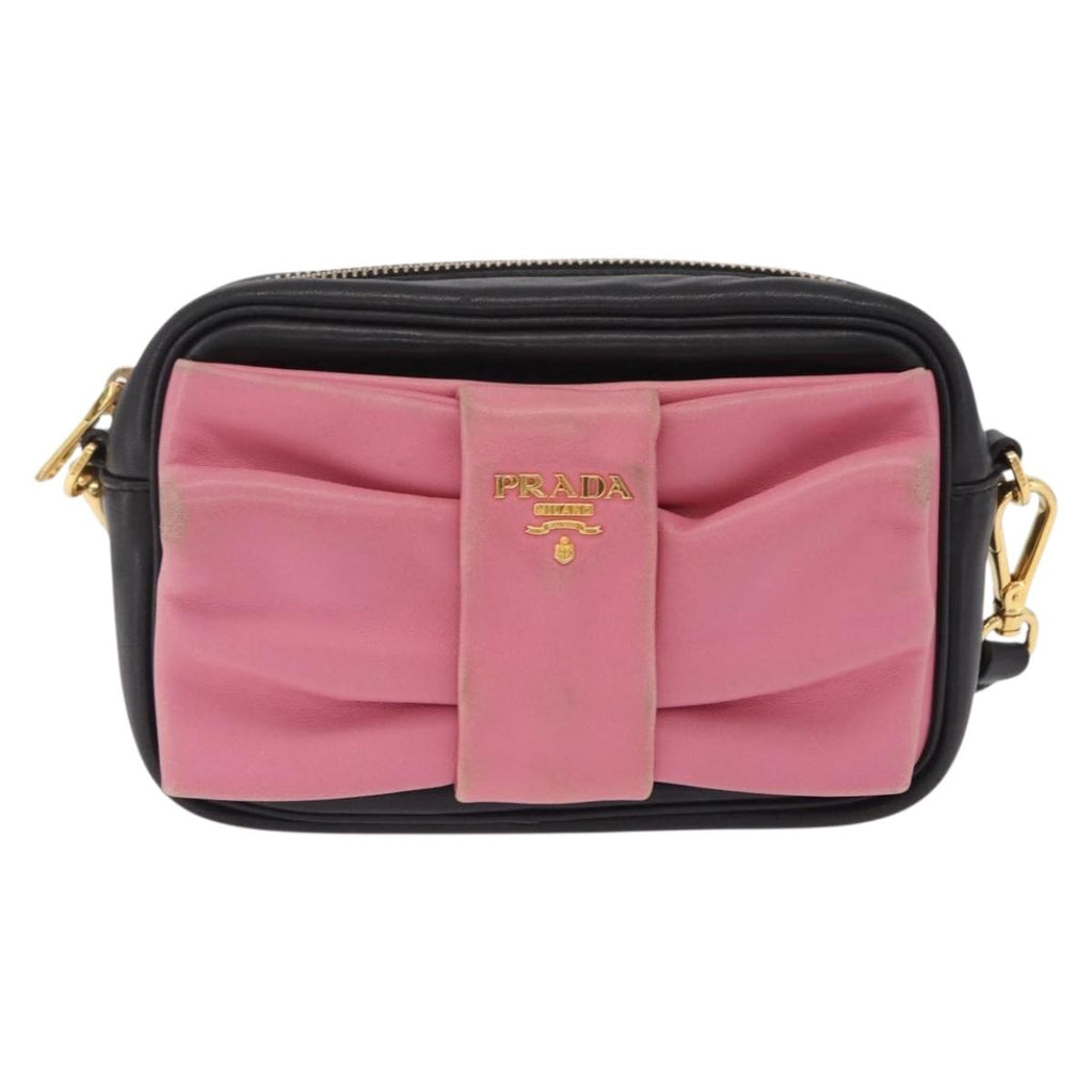 PRADA Ribbon Shoulder Bag Leather Black Pink Auth 208264A