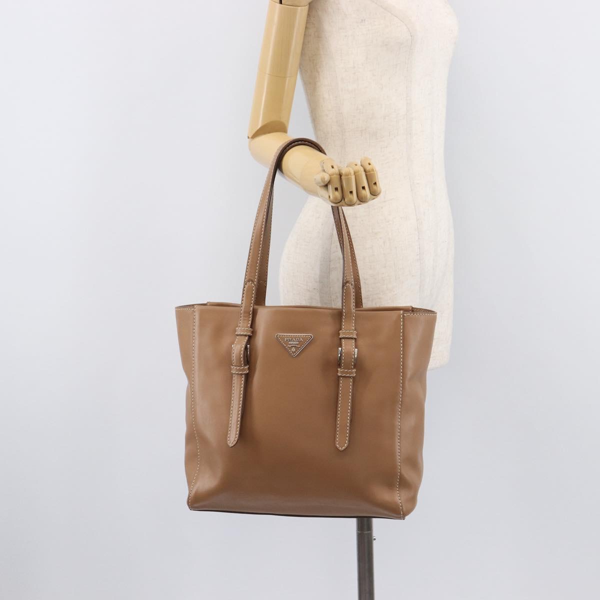 PRADA Tote Bag Leather Beige Silver Auth 208753V