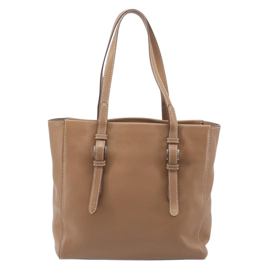 PRADA Tote Bag Leather Beige Silver Auth 208753V