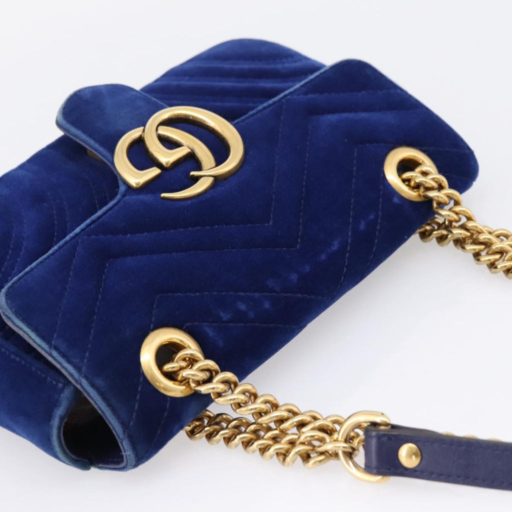 GUCCI GG Marmont Chain Shoulder Bag Velor Blue Gold 446744 Auth 208800V