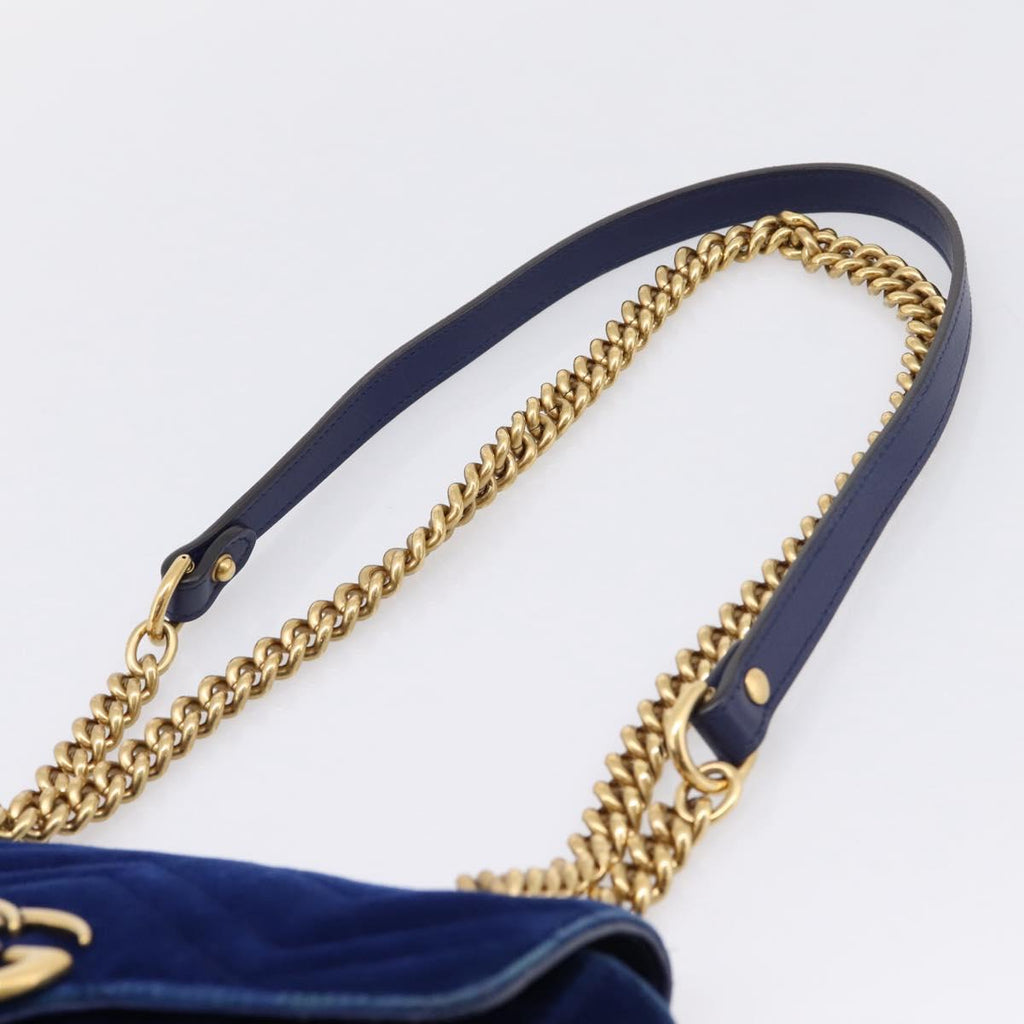 GUCCI GG Marmont Chain Shoulder Bag Velor Blue Gold 446744 Auth 208800V