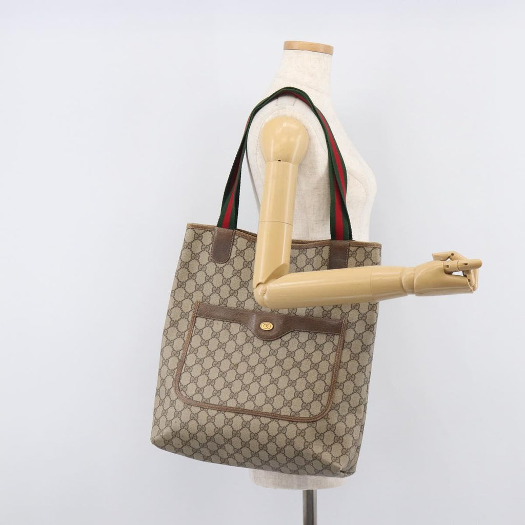 GUCCI GG Supreme Web Sherry Line Tote Bag PVC Beige Gold 378 02 003 Auth 209310