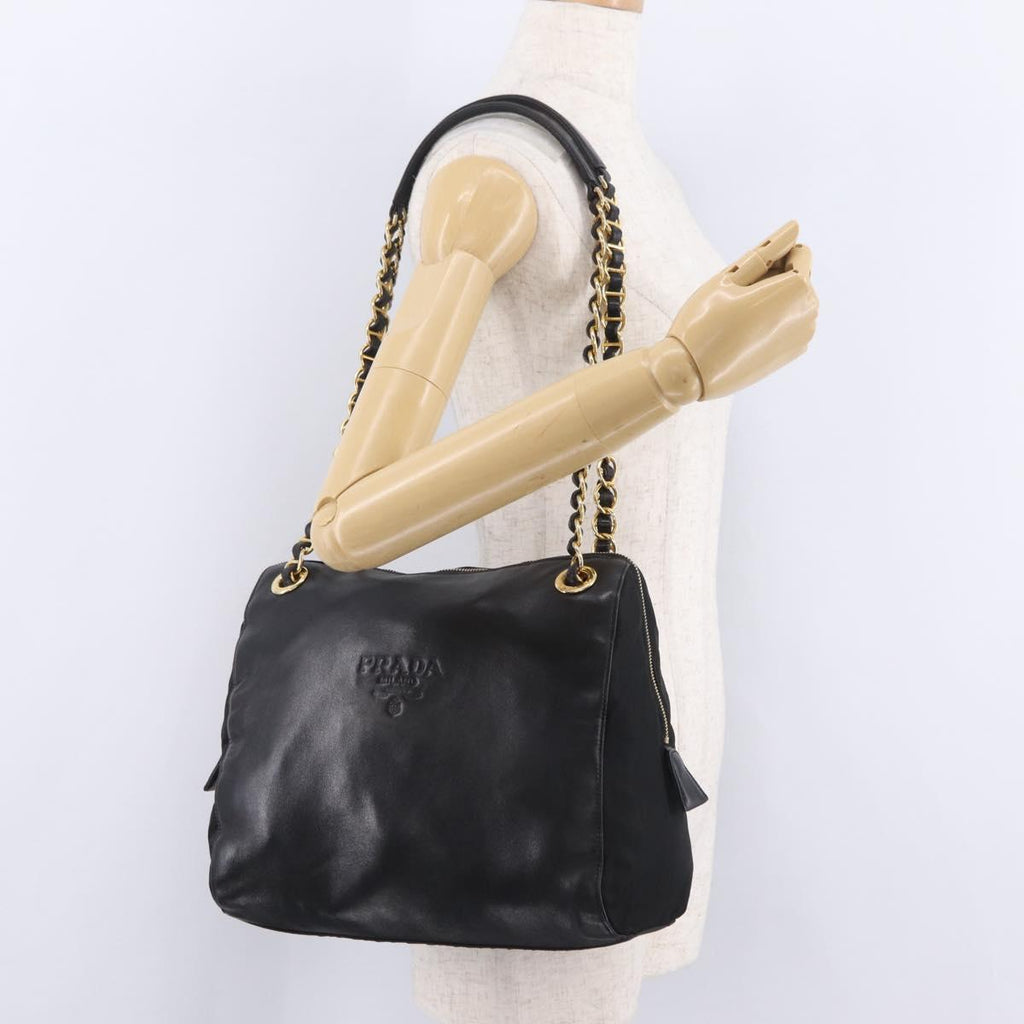 PRADA Chain Shoulder Bag Leather Black Gold Auth 209449V