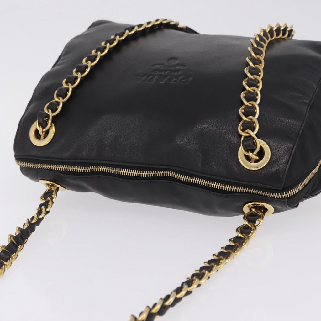 PRADA Chain Shoulder Bag Leather Black Gold Auth 209449V