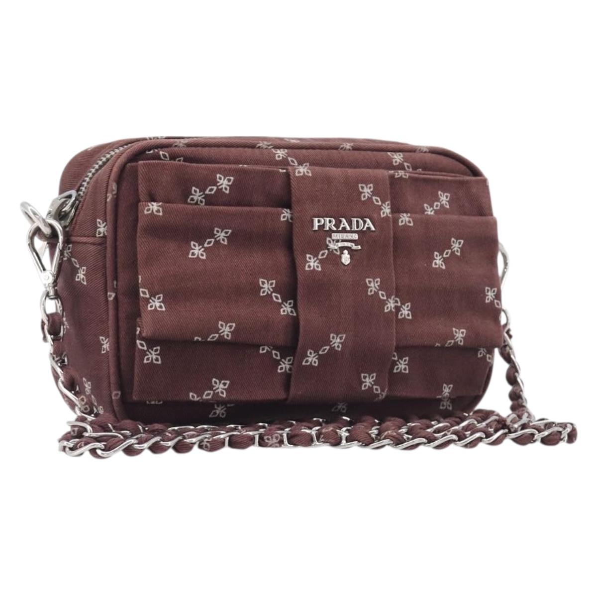 PRADA Chain Shoulder Bag Canvas Brown Silver Auth 209497A