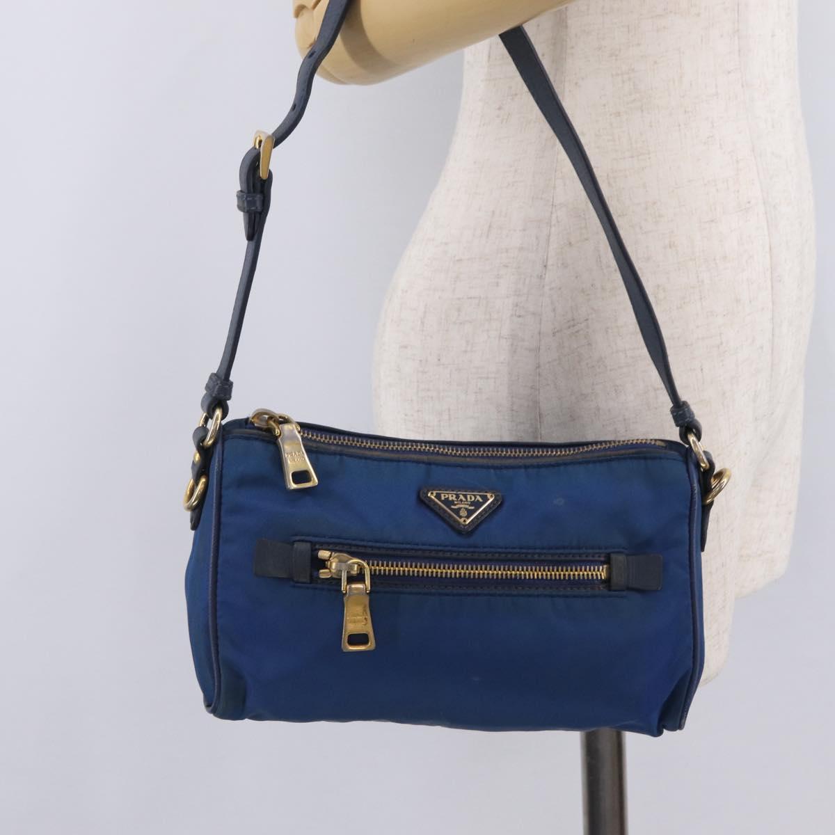 PRADA Shoulder Bag Nylon Blue Gold Auth 209511
