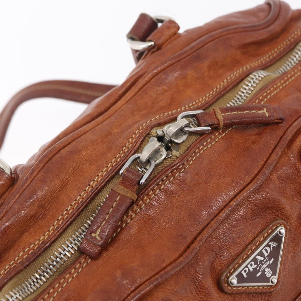 PRADA Tote Bag Leather Brown Silver Auth 209547V