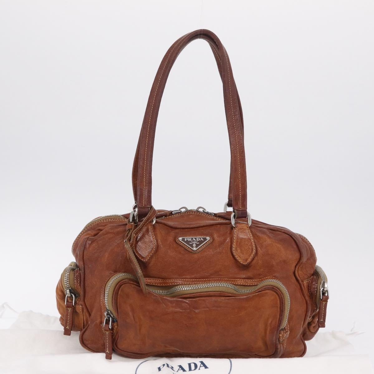 PRADA Tote Bag Leather Brown Silver Auth 209547V