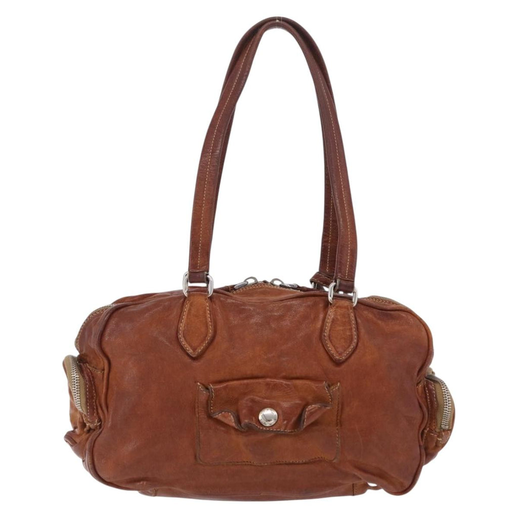 PRADA Tote Bag Leather Brown Silver Auth 209547V