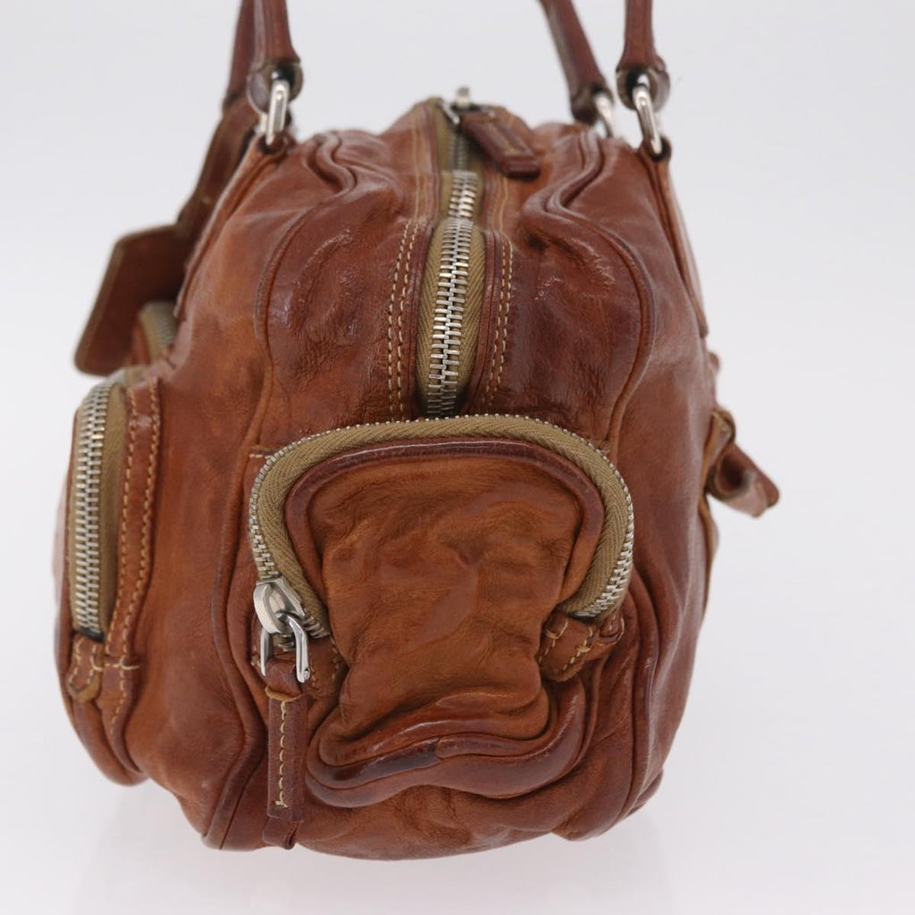 PRADA Tote Bag Leather Brown Silver Auth 209547V